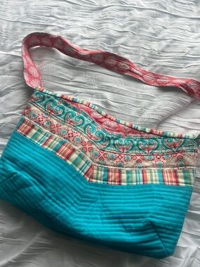 Quilted Turquoise & Coral Patchwork Crossbody organizer Bag 14" by 9" tall